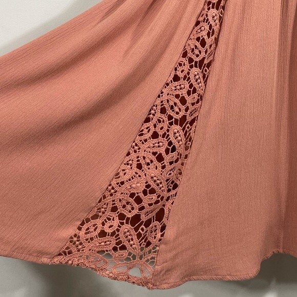 Maurices Boho Coral Rust Crochet Overlay V Neck Ruffle Sleeve Dress - Picture 12 of 13